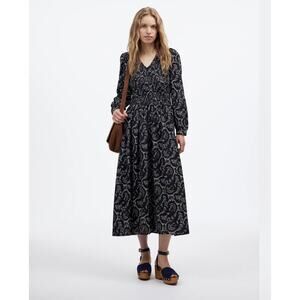 Madewell Dress Women XS Dark Navy Paisley Smocked V-Neck Midi Boho Woven Cotton